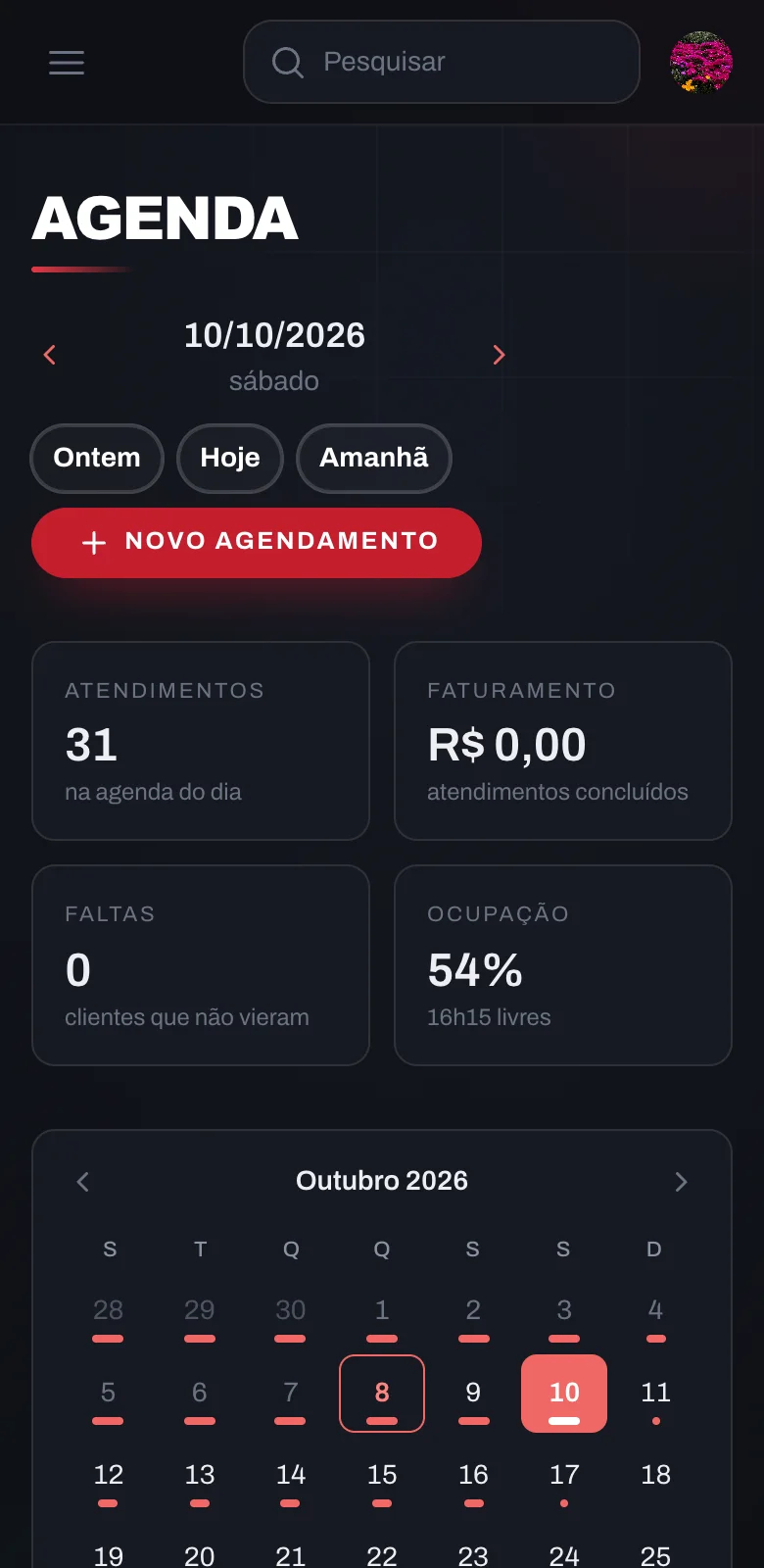 Tela Agenda aberta no celular