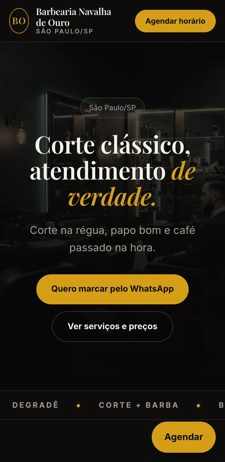 Página pública da barbearia no celular: nome, endereço, botão Quero marcar pelo WhatsApp e a lista de serviços e preços