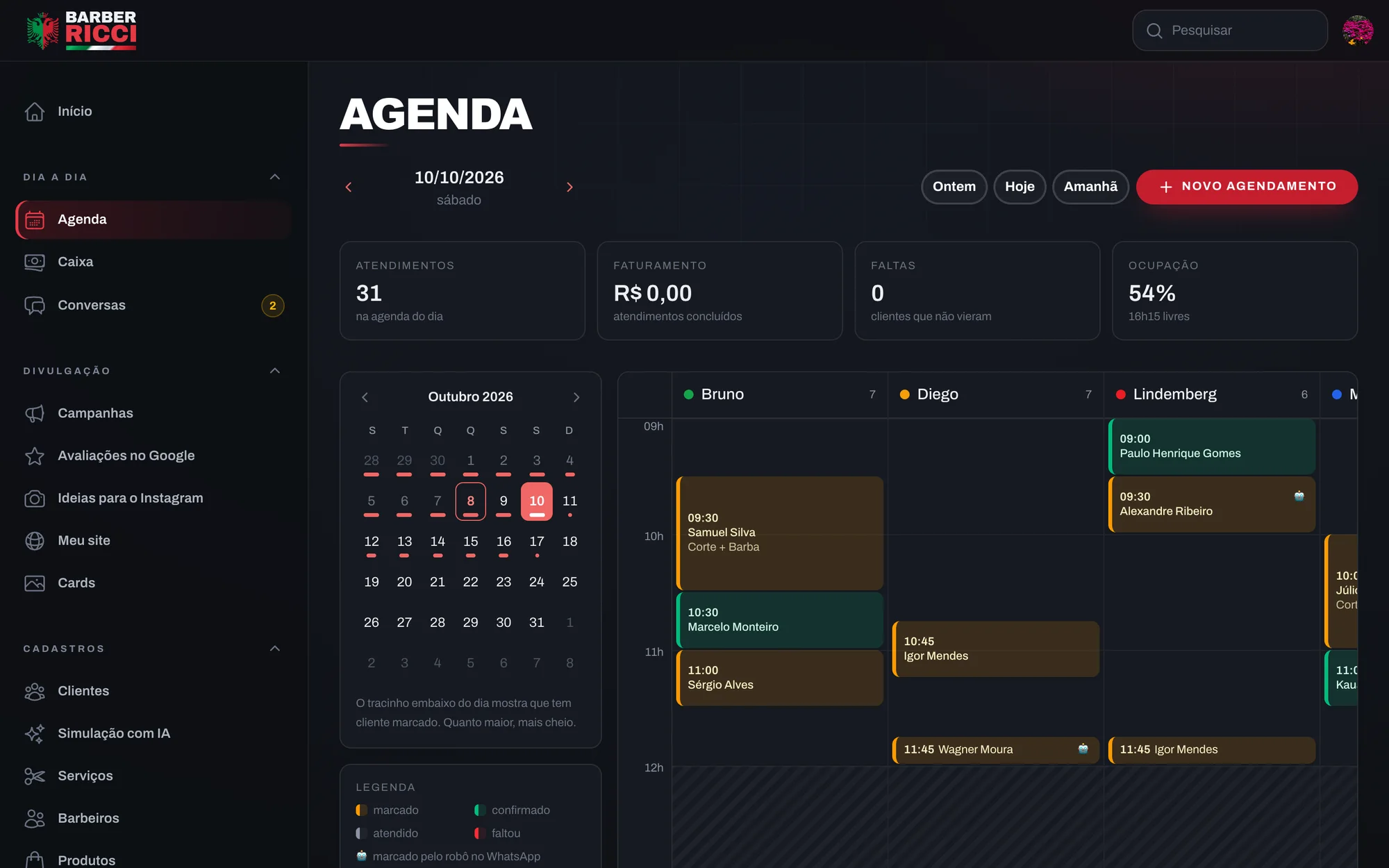 Tela Agenda: um sábado cheio, cada barbeiro na sua coluna