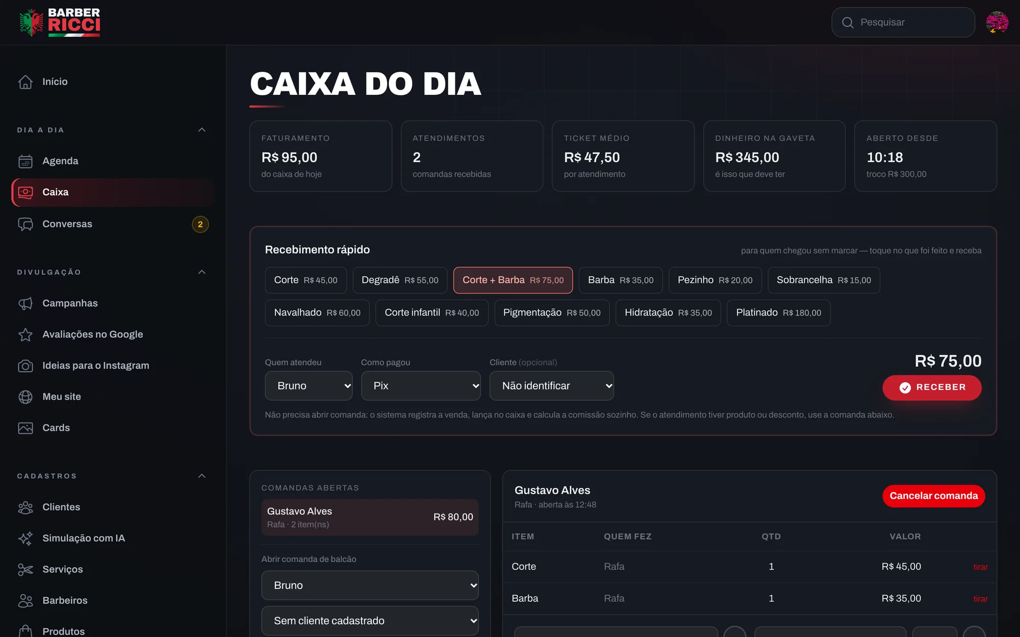 Tela Caixa do dia, com o recebimento rápido